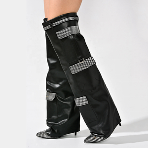 Bottes hautes pour femmes avec diamants, motif camouflage, talons fins, coupe large, bottines longues, chaussures d'hiver à talons aiguilles tendance - Product Image 1