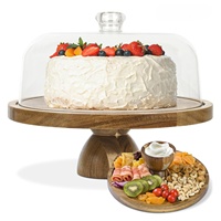 Présentoir à gâteau Plateau de serveur Support à gâteau avec base en bois Couvercle en dôme en acrylique transparent Plateau tournant Assiette à gâteau ronde en verre avec dôme en verre