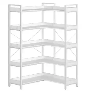 Modern Industrial White Wooden Bookcase Reversible Corner 5-Tier Open Shelves 4 Hooks Metal Frame Bookshelf Living Room Home