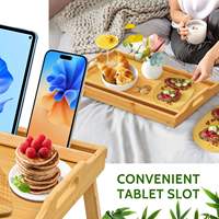 Table de lit pliable multifonction en bambou avec fente pour appareils électroniques, grand plateau de petit-déjeuner en bambou avec pieds pliables