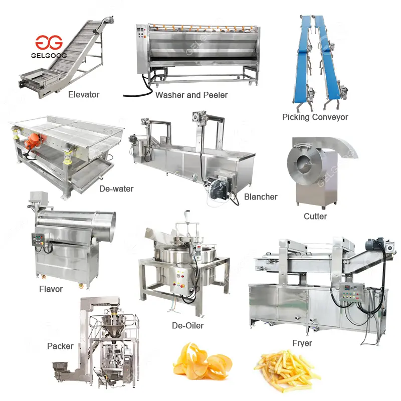 Linha de produção de batatas fritas francesas 500kg, máquina de processamento de chips de batatas fritas