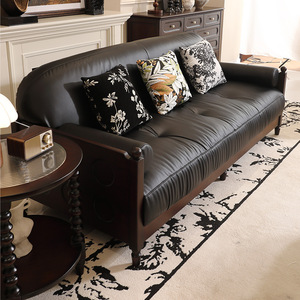 American Vintage Solid Wood Leather Sofa Full Grain Cowhide 123 Combination Living Room Mid-Century Modern Straight Four <b>Seat</b> - Product Image 5