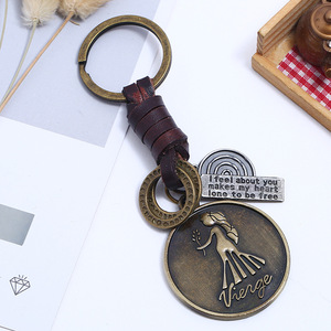 Porte-clés vintage 12 signes <span class=keywords><strong>du</strong></span> zodiaque, pendentif constellation en bronze avec anneau en cuir tressé pour hommes et femmes - Product Image 6