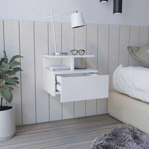 Mesita de Noche Flotante Adele Blanca con Cajón y Estantes Abiertos para Dormitorio - Product Image 4