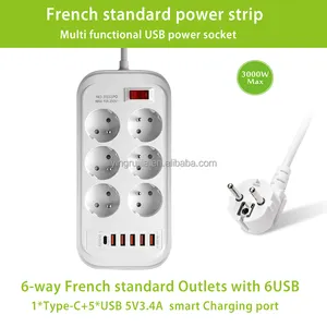 High Quality French Power Strip With Overload Protection 6 AC Outlets With 5 USB And 1 Ype-C Newly Designed Smart Power Socket