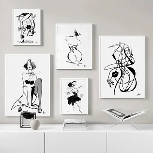 Pintura em tela para parede, moda parisiense, vestido feminino abstrato, preto e branco, estampas nórdicas, decoração de casa, imagens para sala de estar