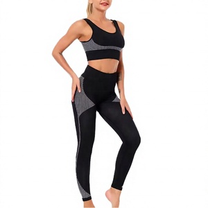 Women's Black Yoga Set High Waist Leggings Strapless <b>Lace</b> <b>Elastic</b> Waist 2 Piece Activewear Full Length Stretch - Product Image 1