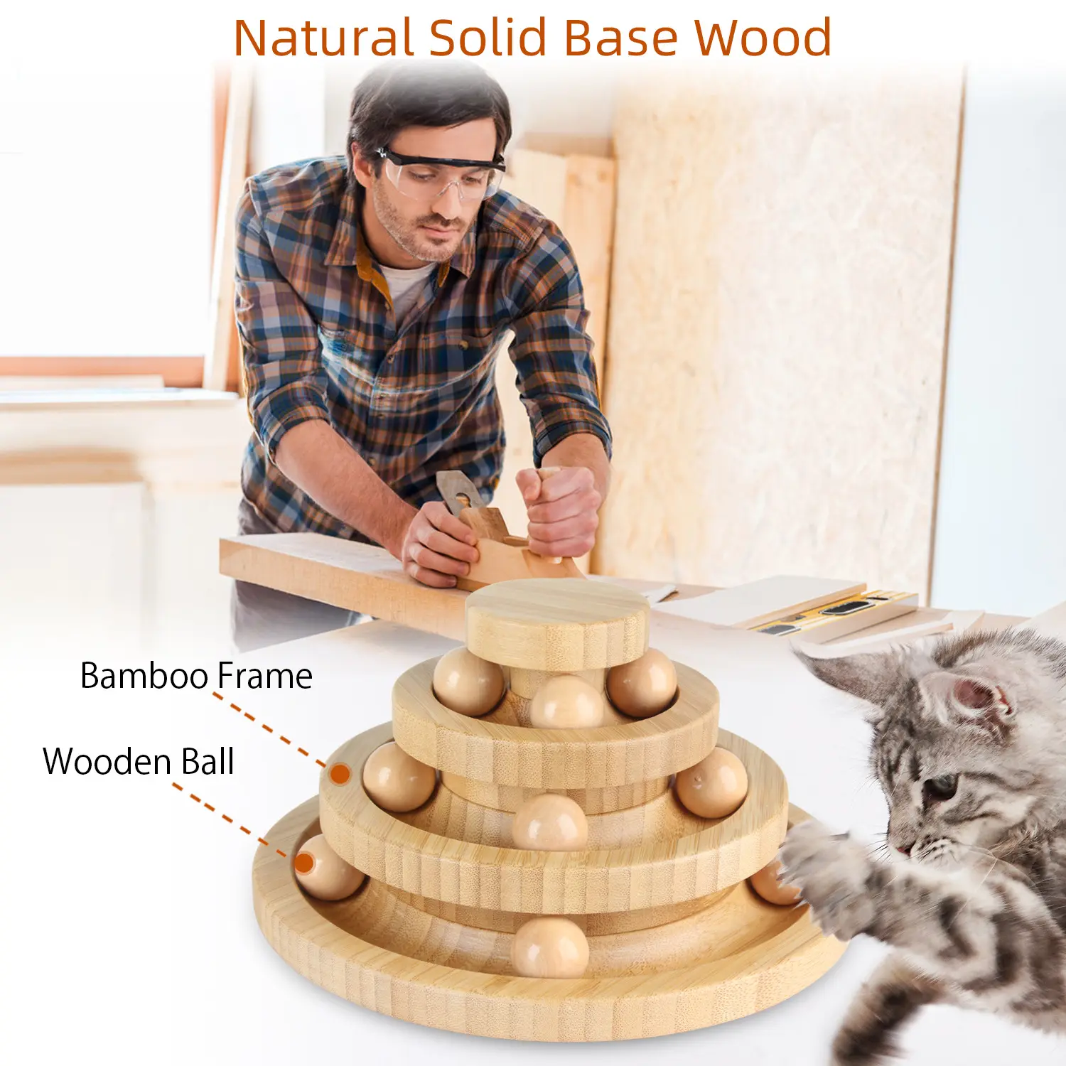 Customized Three-Tiered Bamboo Wooden Cat Turntable Toy Popular Interactive Pet Ball Set for Playful Dogs and Cats