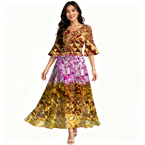 Abiti Lunghi da Donna con Stampa Hawaiana, Design Tribale Polinesiano, <span class=keywords><strong>Maniche</strong></span> <span class=keywords><strong>3</strong></span>/<span class=keywords><strong>4</strong></span>, in Poliestere Ecologico, Stampa su Richiesta - Product Image 3