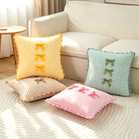 Housse de coussin décorative à nœud en tissu écossais teint en fil, style britannique et nordique, de qualité supérieure, avec bordure en dentelle colorée, pour canapé