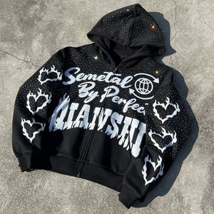 Sweat à capuche homme de haute qualité, épais, à épaules tombantes, imprimé, surdimensionné, en coton, personnalisé, en molleton bouclette, avec fermeture éclair et strass - Product Image 1