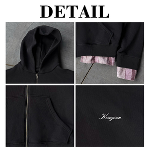 เสื้อฮู้ดดี้ทรงบ็อกซี่แบบสโตนวอช แขนเสื้อแบบดรอปโชว์เดอร์ ลายสก็อตที่ชายเสื้อ ดีไซน์วินเทจ ล้างสีแบบแอซิด ผ้าคอตตอนหนา 100% แบบซิป - Product Image 6
