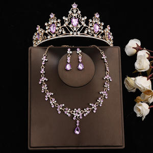 人気のLilac宝石ブライダルクラウンネックレスとイヤリングセット20スタイル豪華なウェディングスリーピースジュエリーセット - Product Image 4