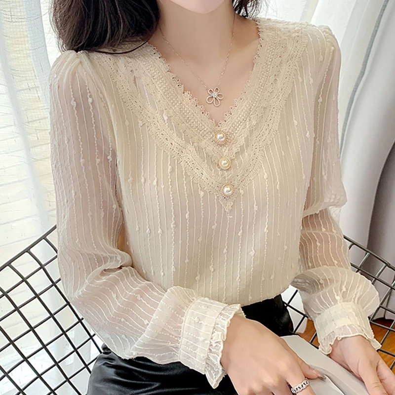 Shop Our Beautiful Blouse with Lace V-Neck & Long Sleeves