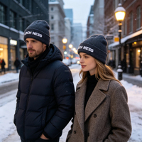 Bonnet d'hiver personnalisé unisexe pour adulte, doux et chaud, style décontracté, avec logo brodé, bordure unie, en acrylique noir, motifs nœuds et écossais