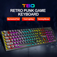 T-WOLF T80 Teclado White Pink Keyboard 104 Tombol Keyboard Gaming Komputer USB Berkabel Lampu LED Keyboard Gamer Pelangi untuk PC