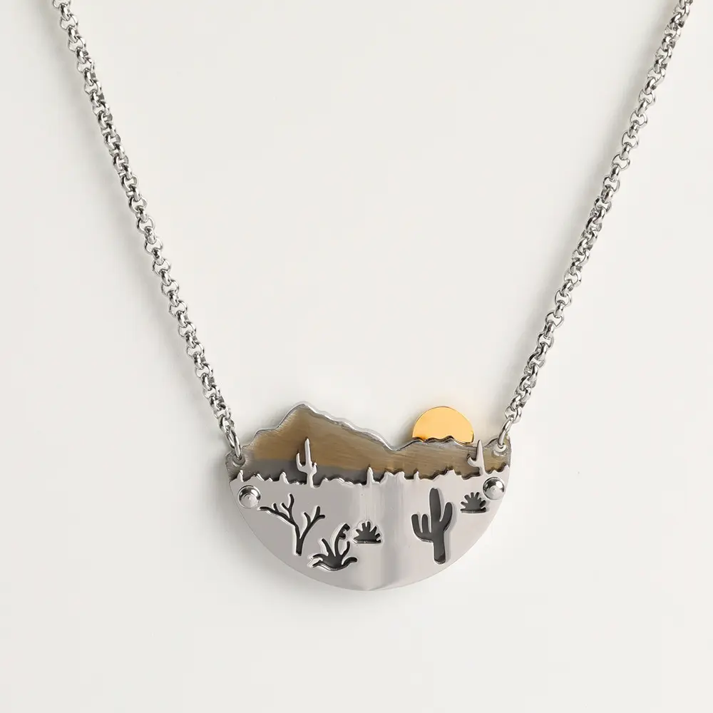 Exquisite sunset mountain pendant necklace niche design landscape painting stainless steel pvd plated real gold necklace