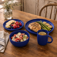 Service de table élégant et luxueux en grès bleu mat avec assiettes en porcelaine de qualité supérieure, bols à céréales et mugs – Compatible lave-vaisselle et four