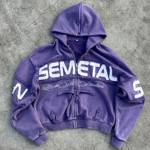 Wholesale <b>Drop</b> Shoulder Distressed Cropped Hoodie Oversized Zip up <b>Acid</b> Wash Hoodie Custom Embroidered Men Streetwear Hoodies - Product Image 1