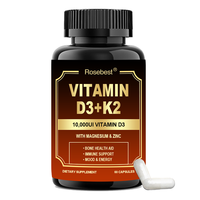 Complément alimentaire certifié GMP, marque privée, végétalien, Vitamine D3 10000 UI K2 en capsules, 7-en-1 pour le soutien osseux et immunitaire, avec magnésium et zinc