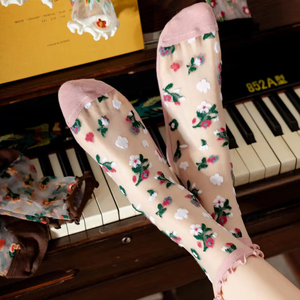 Calcetines de seda transparente hasta la pantorrilla para mujer con encaje floral - Product Image 1