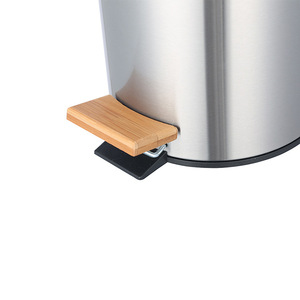 Poubelle à couvercle en bambou, en acier inoxydable, cylindrique, à commande au pied, silencieuse, pour la maison, la cuisine, le salon, le rangement - Product Image 1
