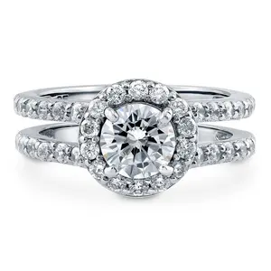 High Quality 925 Sterling Silver Jewelry Double Band Halo CZ Bridal 2 In 1 Piece Engagement Ring