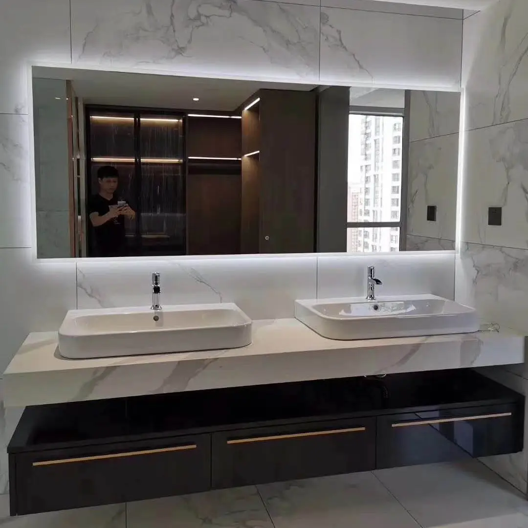 ร้อนขายหินเผา2020ผลิตภัณฑ์ใหม่โต๊ะเครื่องแป้งห้องน้ำสีขาวกระจกตู้การออกแบบกราฟิกที่ทันสมัย3D การออกแบบรูปแบบ MDF