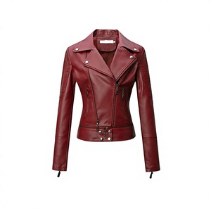 Chaqueta de cuero sintético color borgoña para mujer, estilo motociclista, corte ajustado, con cremallera, a la moda. - Product Image 2