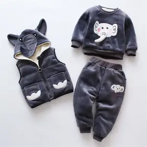 Thicker Boy's Clothing Sets Winter Velvet Elephant Sweater+Hoody Vest+Pants 3Pcs Baby Boy Outfit Warm Toddler Clothes Boys