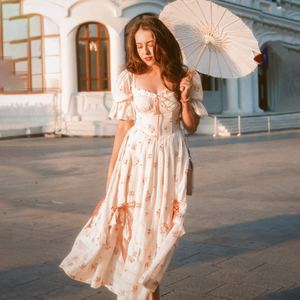 Váy midi dáng xòe cổ vuông in hoa hồng thời thượng kiểu corset tay bồng thắt eo thiết kế tầng lớp dành cho nữ mùa hè <span class=keywords><strong>2025</strong></span> - Product Image 2