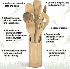 Utensilios de bambú duraderos para el hogar, juego de viaje de cocina con soporte, 7 Uds.