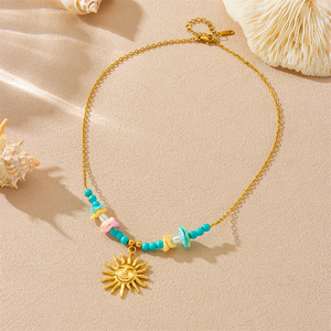 Colorful Irregular Stone Beaded Necklace Gold Plated Sun Pendant Stainless Steel Chain Party Fashion Jewelry - Product Image 3
