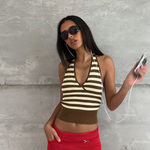 Top Halter en Tricot Slim Fit pour Femmes, Rayures, Bloc de Couleurs, Dos Ouvert, Sans Manches, Cami Basique, Vêtement d'Été - Product Image 5