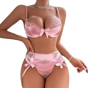 April's Designer Bra Thong Lingerie Women's Clothing Set with Garter Intimate Pink Satin Lace Polka Dot Butterfly Underwear