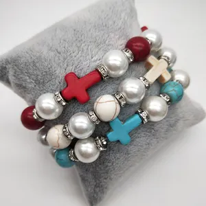 Wholesale Religious Catholic Jewelry Women Men Gift Diamond Pearl Turquoise Cross Beaded Bracelet