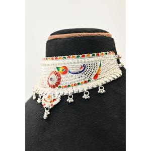 Ethnic <b>Silver</b> Plaster Chokar Set Necklace With Colorful Enamel Flower Design Women's Wedding Style Beaded Jewelry - Product Image 5