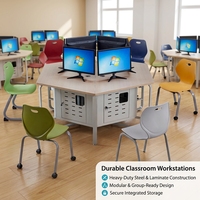 Bureau d'école moderne en bois avec plateau rabattable, écran LCD, souris cachée, sécurisé, verrouillable, station informatique multimode pour l'école