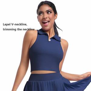 XW-7084 + 7083ノースリーブVネックジムトップスアスレチックプリーツテニススカートフィットネススポーツウェア<span class=keywords><strong>2</strong></span>ピースセット女性 - Product Image 2