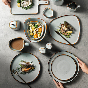 Juego de platos de cena irregulares de cerámica Chaozhou, platos ovalados rectangulares oblongos de porcelana gris reactiva para bonito restaurante - Product Image 6