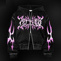 Sudadera con capucha extragrande para hombre, personalizada, con pedrería, de algodón de 420 g/m², estilo urbano oscuro, con gráfico DTG, efecto desgastado y doble cremallera