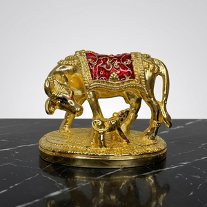 <b>Gold</b> Plated OM Kamdhenu Cow and Calf <b>Statue</b> Handmade Hindu Religious Idol Home Decor Wedding Return Gift - Product Image 5