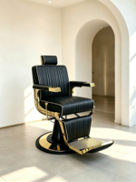 Fauteuil de barbier moderne de luxe noir et or, cuir côtelé géométrique vertical et structure dorée haute brillance.