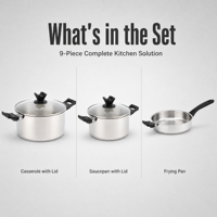 Ensemble de casseroles en acier inoxydable 9 pièces avec couvercles en verre trempé et poignées en bakélite, compatible induction et gaz
