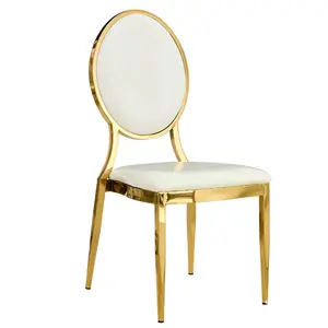 Round Oval Back Banquet Event Metal Chairs, Upholstered Seat Padded Gold Chairs for Wedding Hotel Meeting, White Dining Chairs
