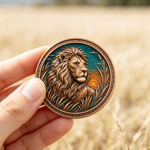 Épinglette circulaire en bronze avec lion émaillé, motif animal en relief, plaqué or, frappé à l'artifice, objet de collection artistique - Product Image 1