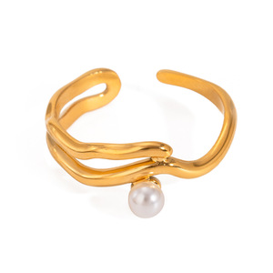 Bague ouverte en perles plaquées or 18 carats Bague ouverte simple et chic pour femmes Bijoux en perles en acier inoxydable cadeau étanche - Product Image 1