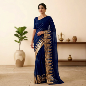 Sari indien Bollywood le plus vendu, brodé, lourd, à double sequin, bleu fantaisie, longueur ras du sol, séchage rapide, pour soirée, très tendance - Product Image 1