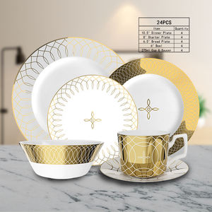 Ensemble d'assiettes de vaisselle en porcelaine fine en céramique de luxe à bords dorés pour mariages fêtes anniversaires location de vaisselle ensembles de table - Product Image 5