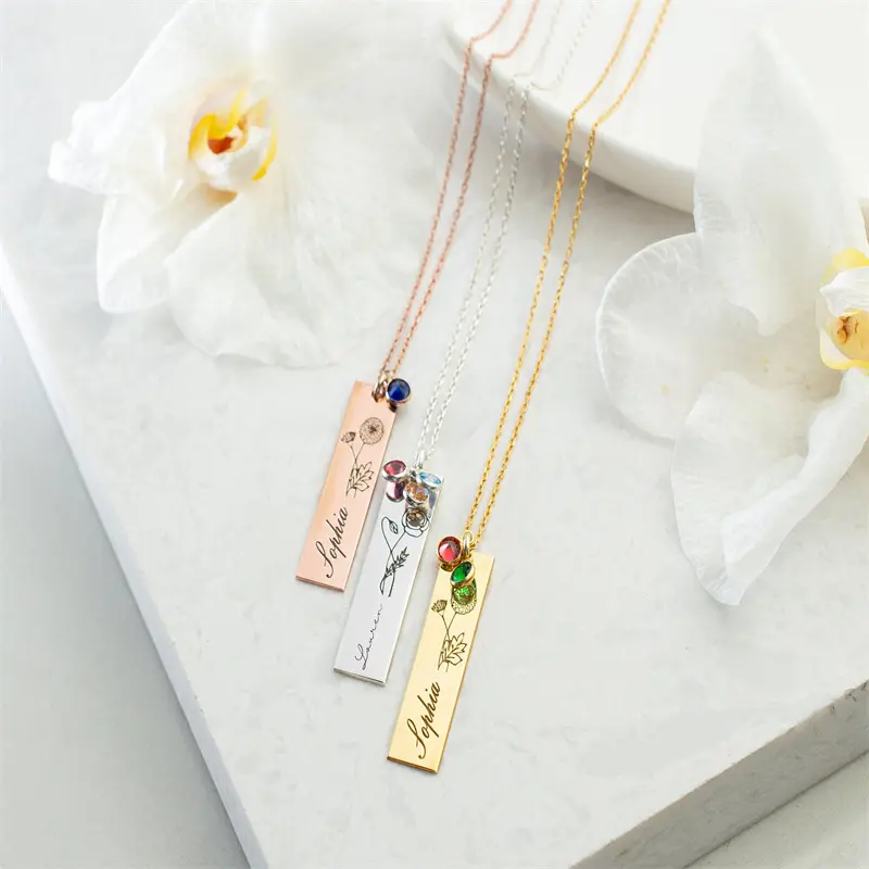 Collar personalizado de acero inoxidable con piedra de cristal para cumpleaños, mes de nacimiento, nombre de flor, para mujeres y hombres, regalo de joyería de cumpleaños